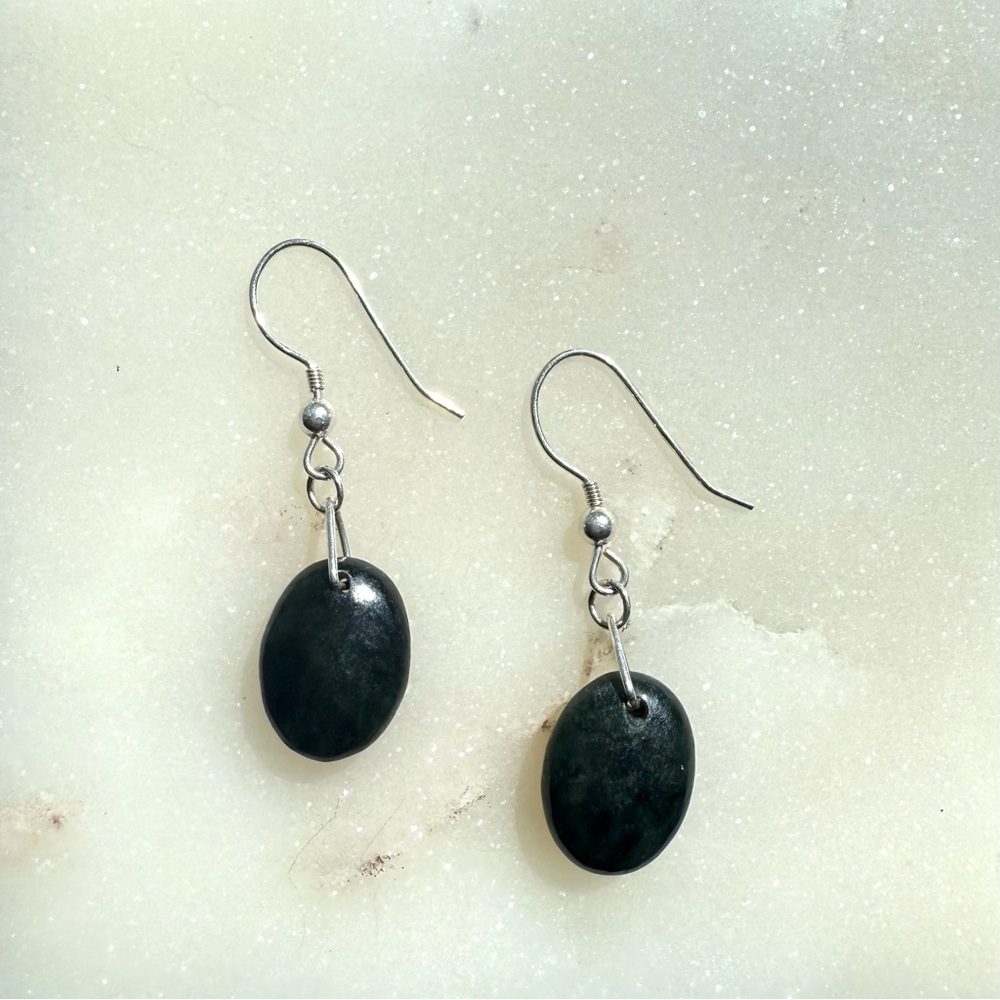 Dark green semi-precious stone and sterling hook earrings
